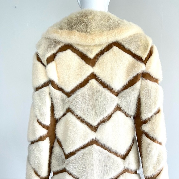 Genuine Geometric Cream w Light Gray Mink Tan Faux Suede Mid Jacket Coat Sz XS-M - Picture 7 of 15